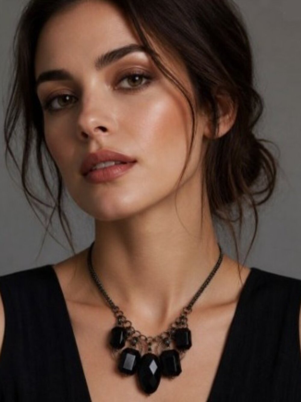 Vintage Antiqued Silver Tone Acrylic Statement Necklace - Black Faceted Drops